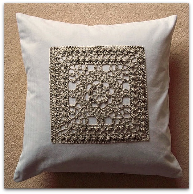 Luxury handmade fine mercerised cotton crochet panel cushion cover in stone and white 40cm