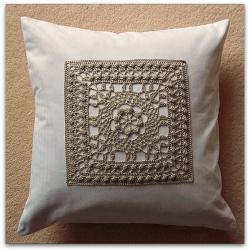 Luxury handmade fine mercerised cotton crochet panel cushion cover in stone and white 40cm